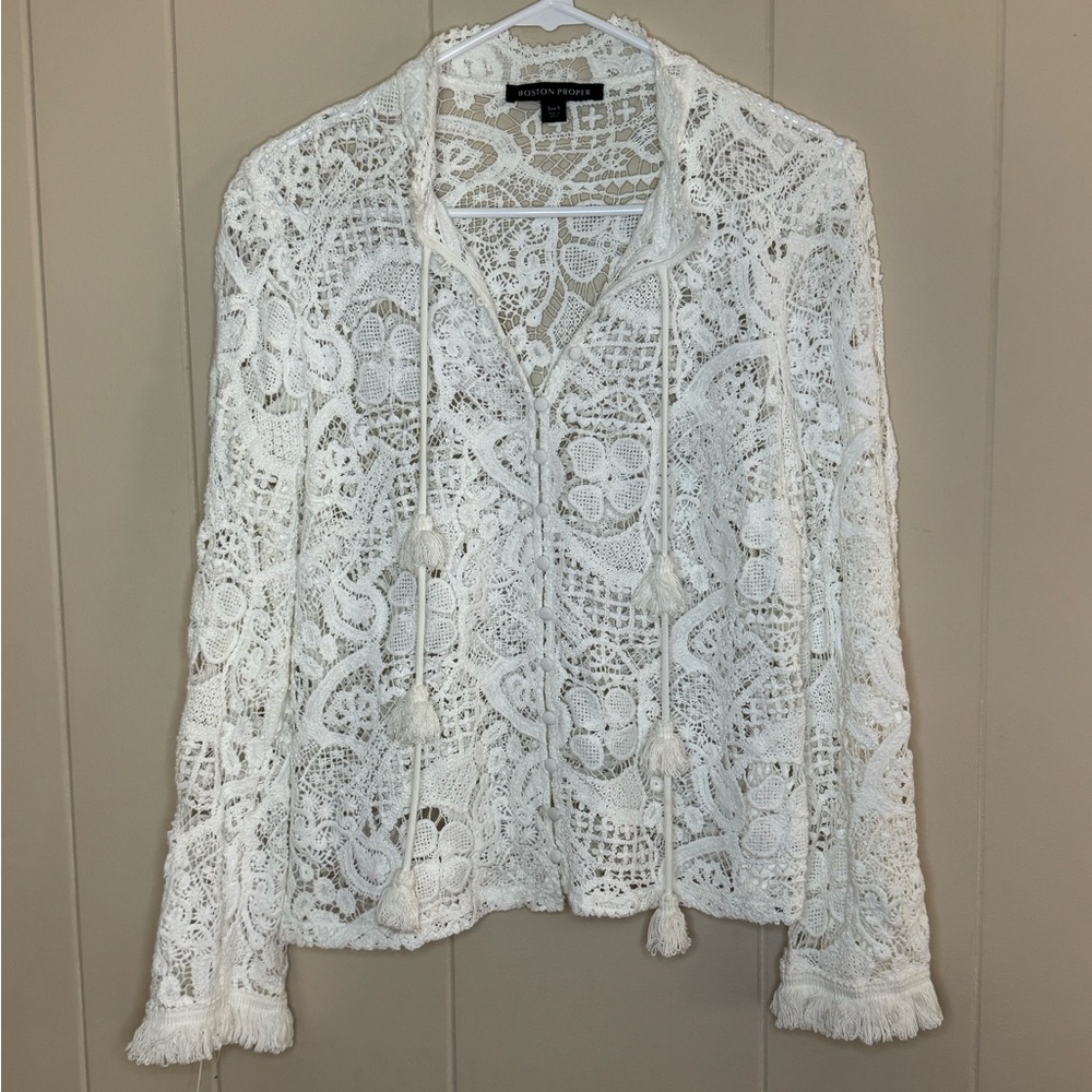Boston Proper Women’s White Lace Button Front Blouse